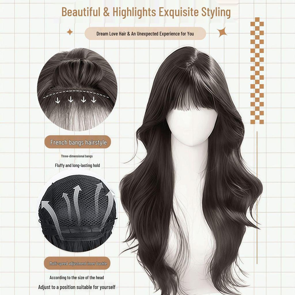 Women's Full Head Wig with Natural Seamless Bangs and Large Waves for Autumn and Winter 