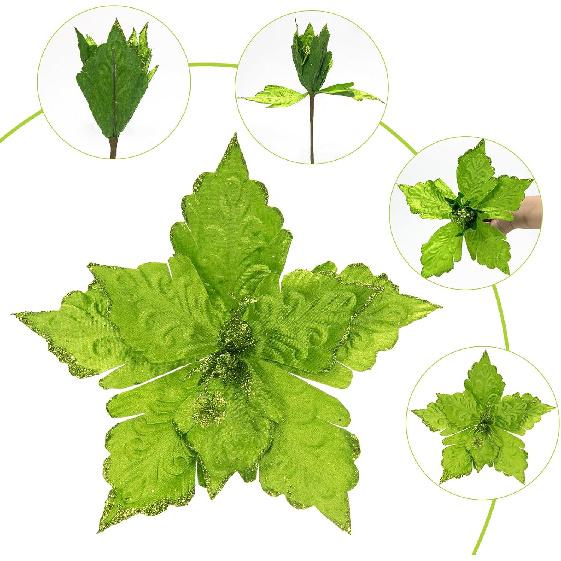 11'' Wide Glittery Christmas Poinsettia Flowers, 6pcs Velvet Poinsettia Flower Picks Glitter Poinsettia Christmas Tree Ornaments, Artificial Flower