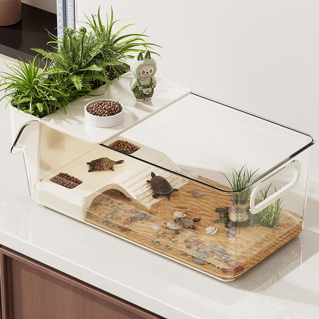 Turtle Tank with Basking Ramp Reptile Habitat Pet Terrariums for Frog Hermit Crabs Amphibians Breeding Feeding Container