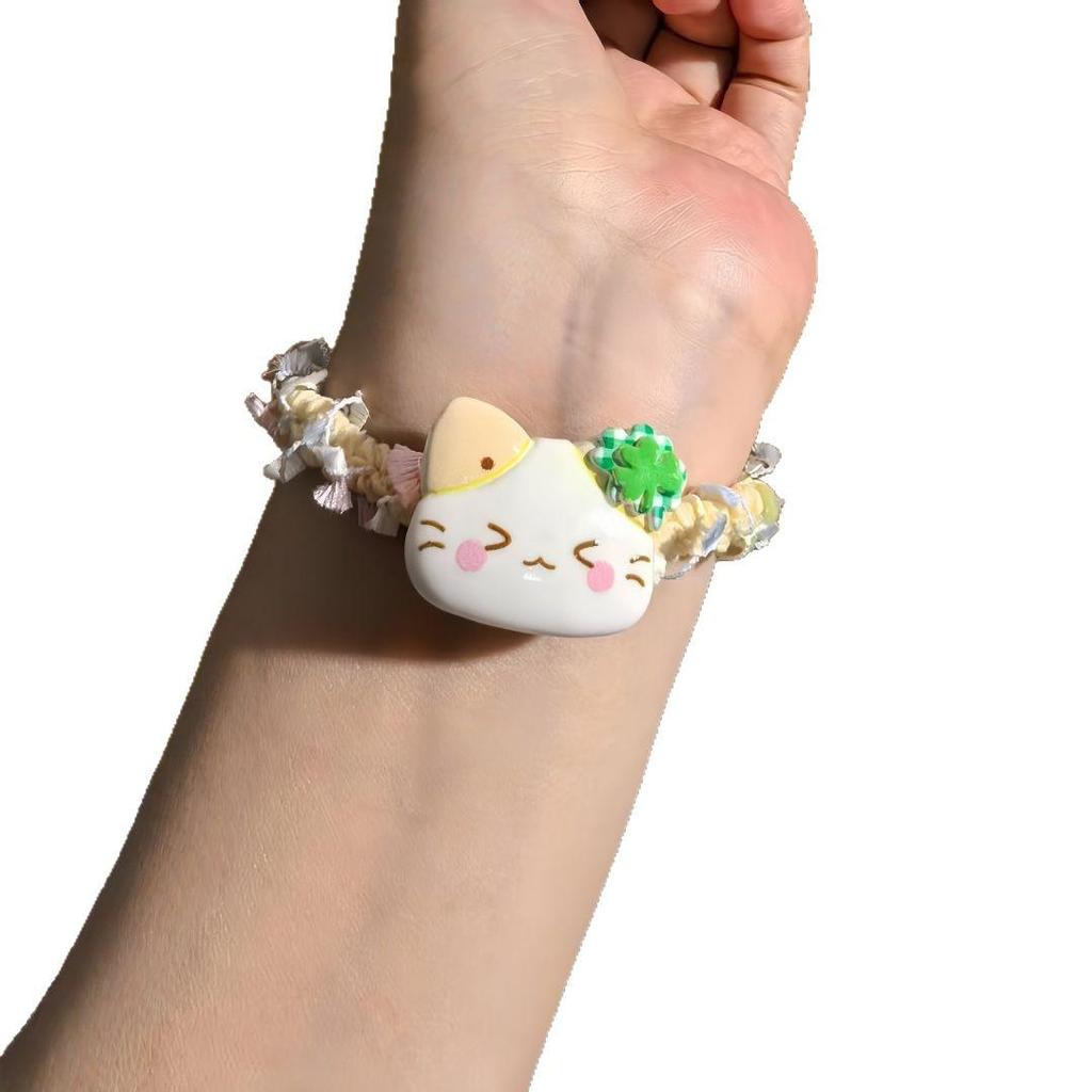 Charming Four-Leaf Clover Kitten Hair Tie – High Elastic Cartoon Hairband for Girls