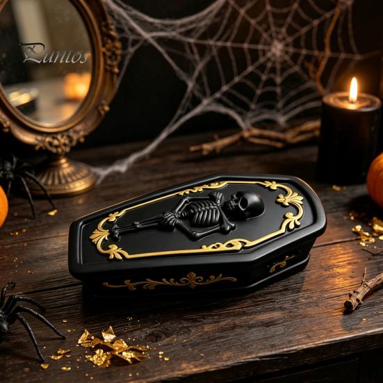 Skull Storage Organizer Gothic Casket Jewelry Box, Resin Spooky Figurine for Tabletop Rings, Halloween Dark Organizer, Unique Gift Goth Lovers