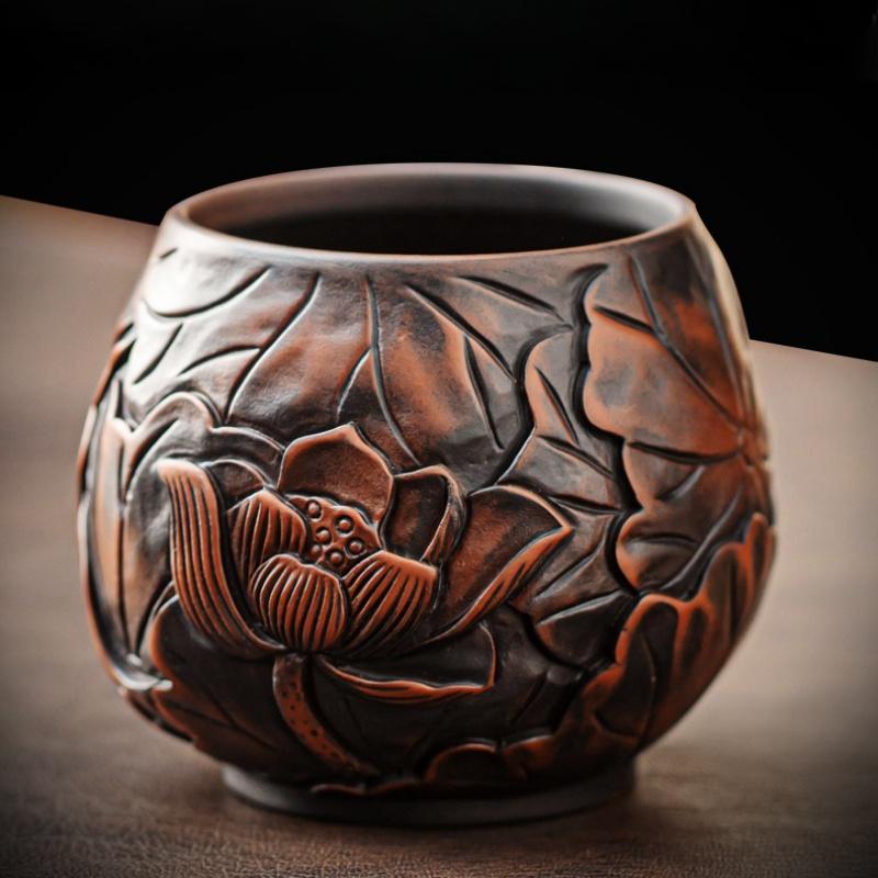 

220ML Lotus Pure Handmade Carving Purple pottery Jianshui Master Cup Household Tea Cup Handmade Tea Bowl Smelling Cup Teaset 200ml