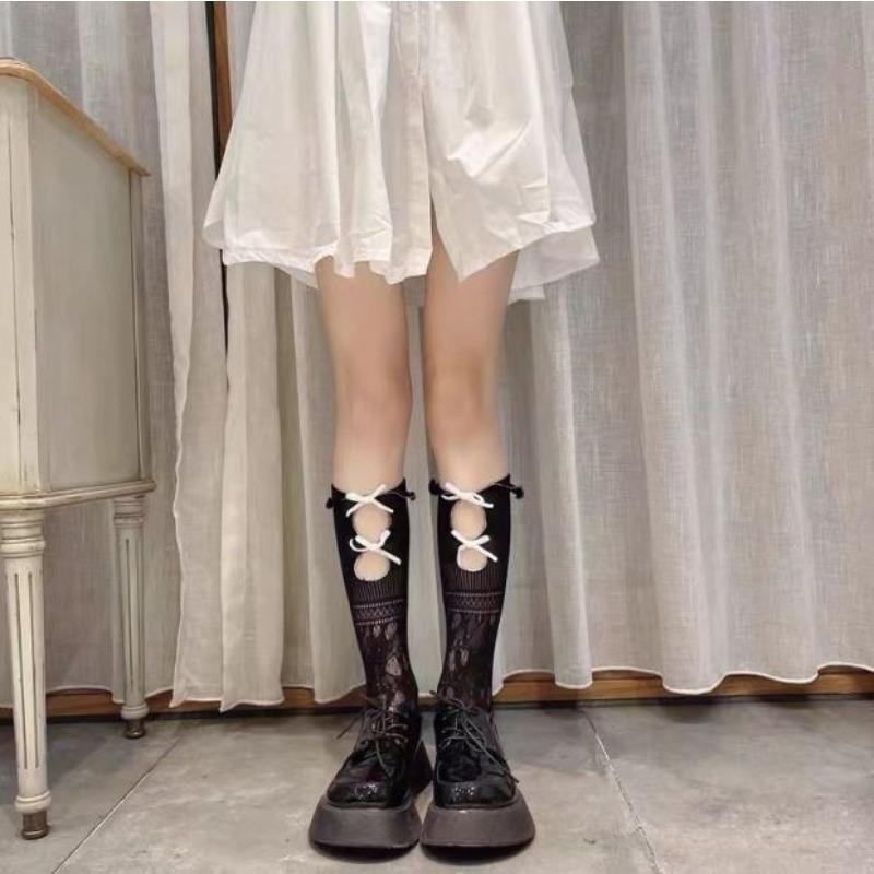 Ladies Spring and Summer Chinese Lovely Double Hollow Lace Lace Bow Fishing Net Calf Socks
