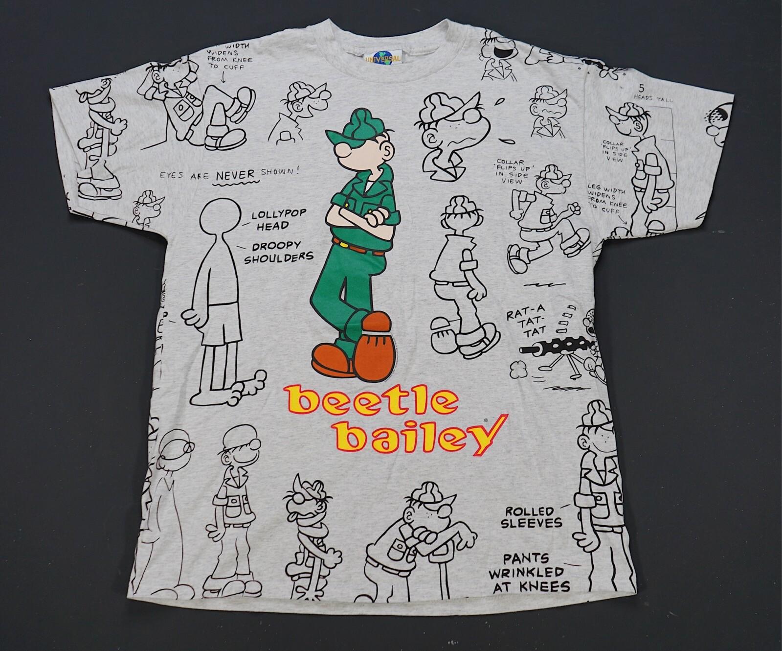 Rare VTG UNIVERSAL STUDIOS Beetle Bailey 1998 All Over Print T Shirt 90s Comic L XL