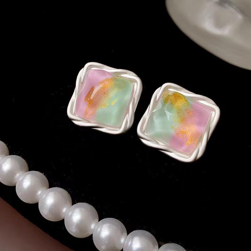 2024 Sparkling Colorful Square Stud Earrings - High-End French Design, Light Luxury Style