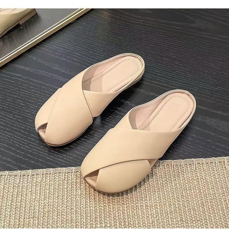 Holiday Outing~ Summer Cross Belt Hollow Low Heel Outer Wear Women's Cool Slippers Casual Thick Heel Lazy Half Drag