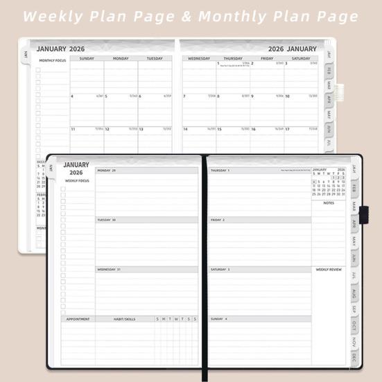 2026 Planner A5 Hardcover Daily Organizer with 12-Month Calendar Goal Tracking And Elastic Closure Productive Daily Agenda Book for