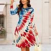 Women Plus Size Round Neck Long Sleeve Midi Dress Geometric Glitter Star Burst Print High Waist Swing Dress