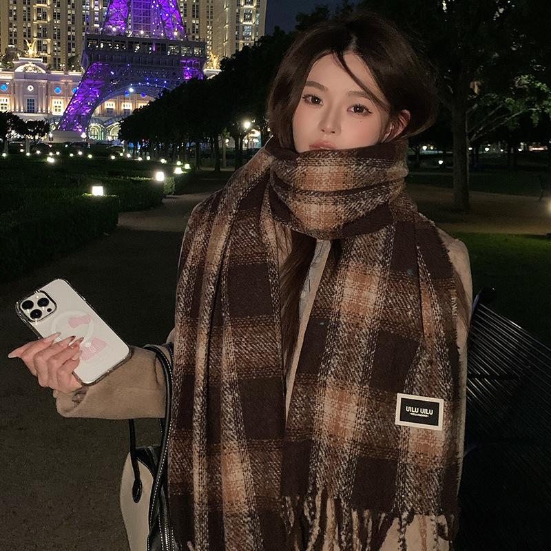 Women Plaid Print Knitted Scarf Headscarf Ladies Casual Sweet Tassel Warm Scarve Mujer Wrap Shawl Student Young Girl New Winter
