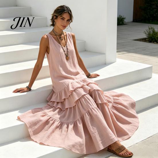 Casual Dress Women Women's Sleeveless Summer Long Tank Dress, V Neck Tiered Flowy Layered Skirt Ruffle Maxi Loose Beach Sundress Breathable