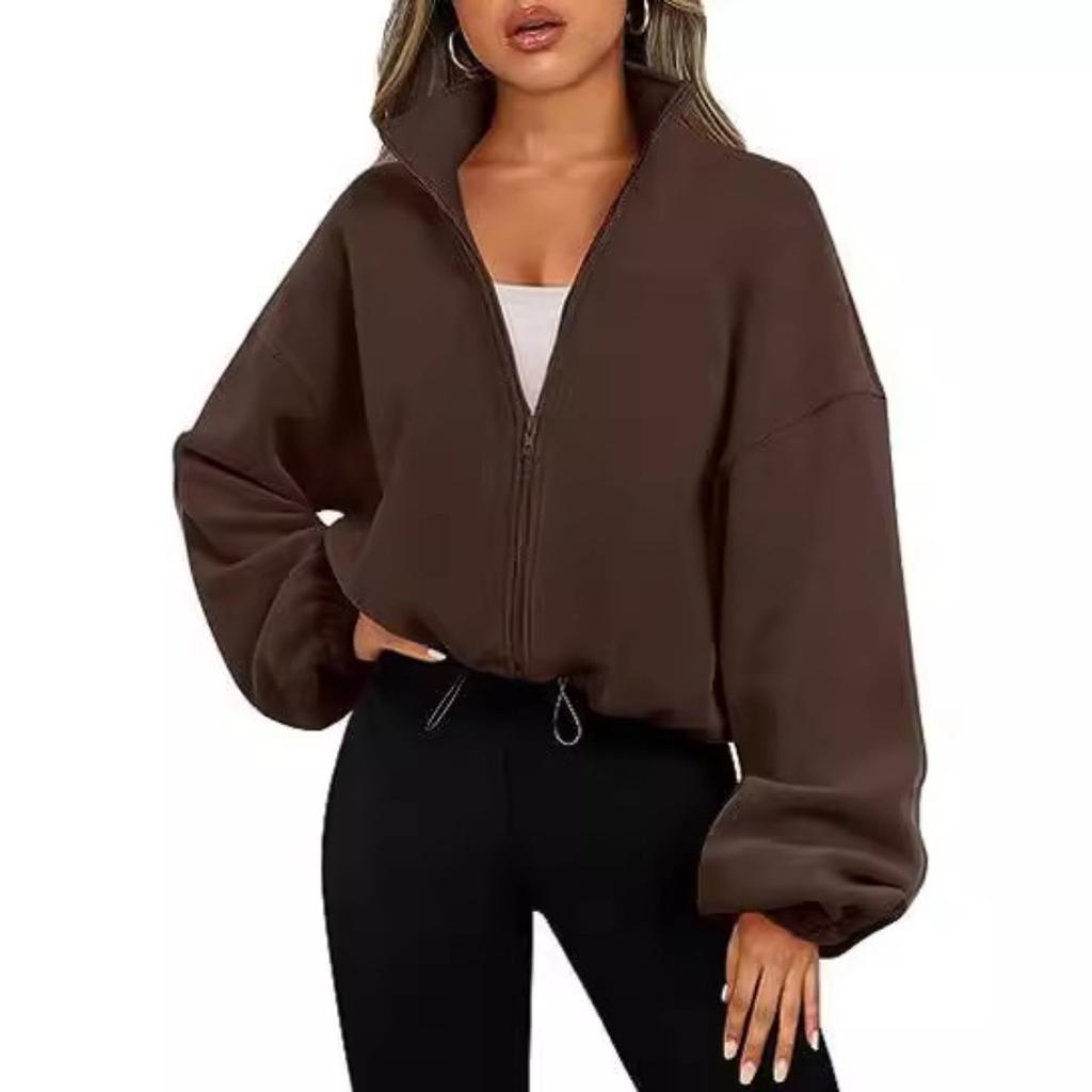 Women's Fleece Zip-Up Stand Collar Sports Jacket, Warm Thickened Outerwear for European American, Popular Casual Fashion Coat for Crossborder