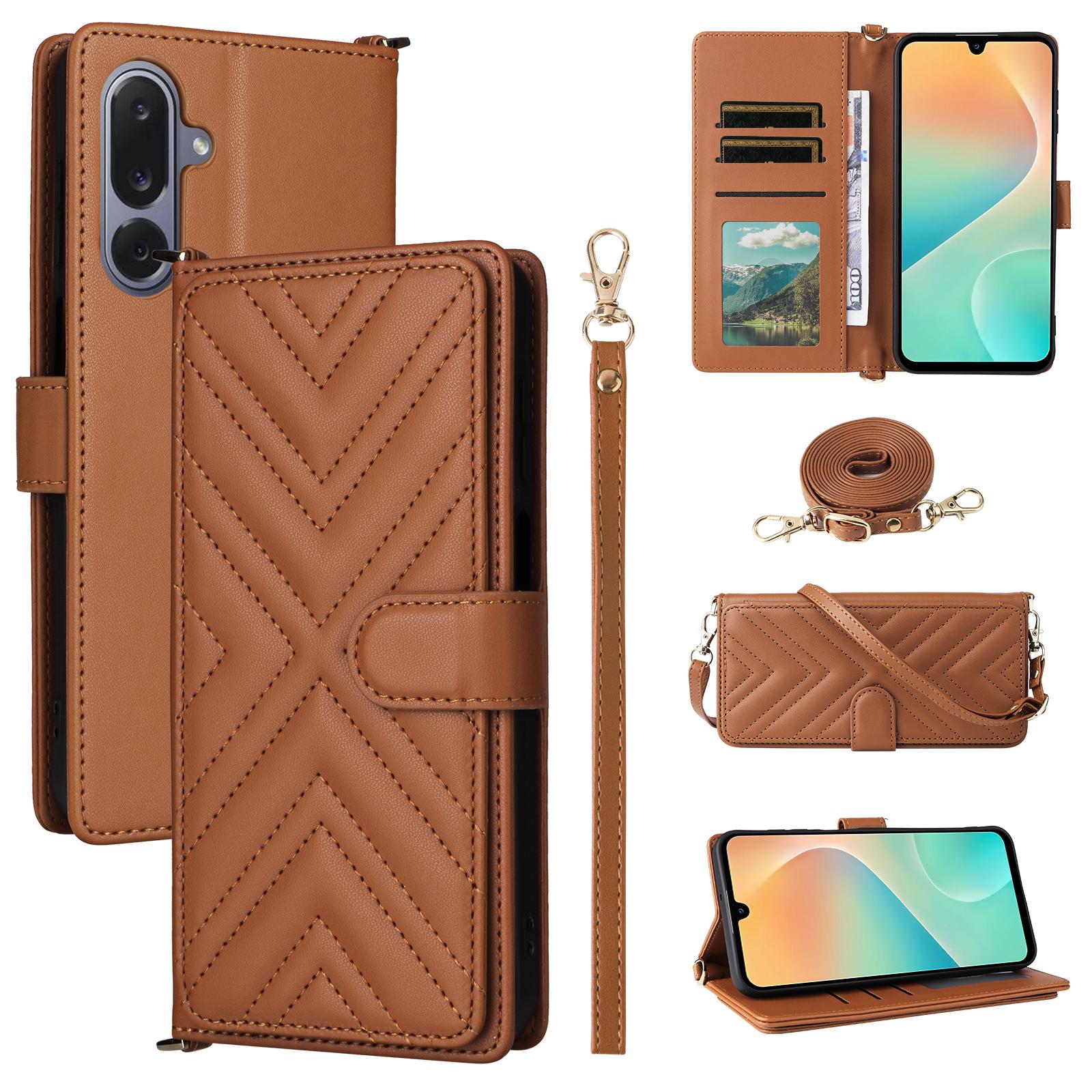 

For Samsung Galaxy M36 5G Case with Shoulder/Wrist Strap Leather Phone Cover Stand Wallet Brown