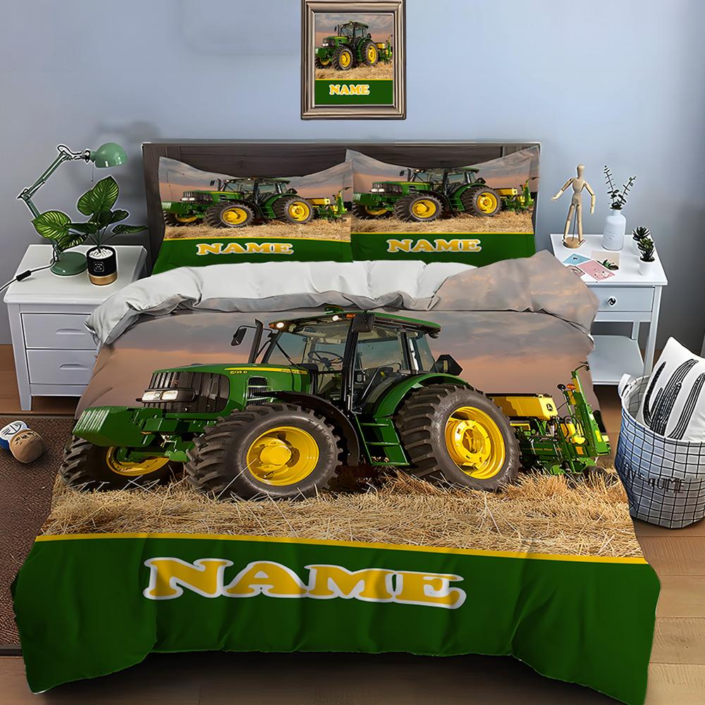 Custom Name Quilt Cover Tractor Bedding Set 3 Pieces Setting Bed King Size Pillowcase Adult Bed Cover Bedroom Bed Set