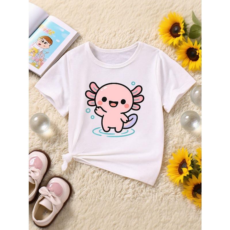 European sizes Kids' Summer T-Shirt, Suitable for Outdoor Sports, And Easy to Clean, Soft And Cute Pink Hexagonal Axolotl Cute Print T-Shirt, Unisex