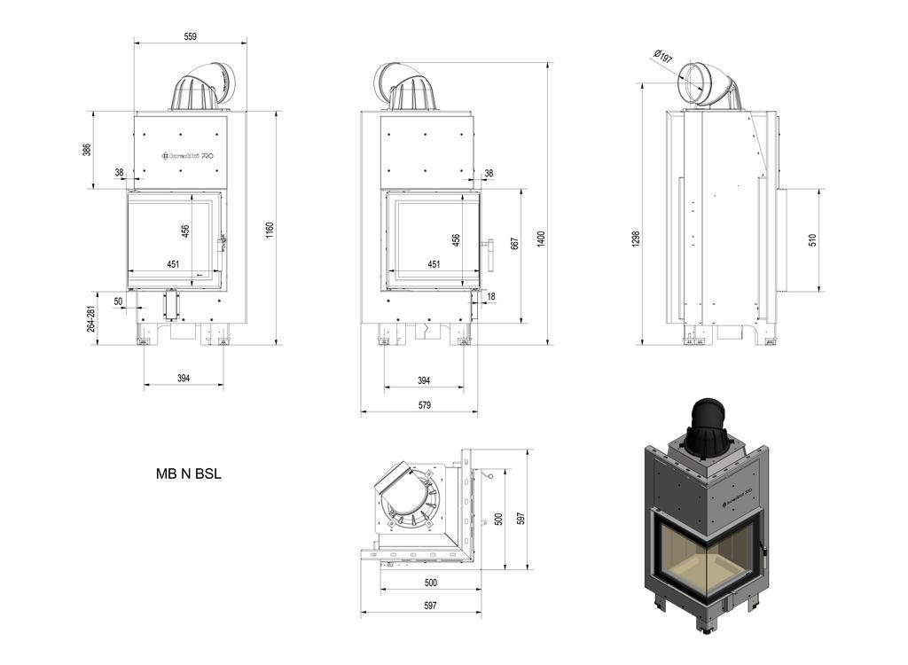 Steel fireplace KRATKI MBN left 8 kW Ø 200