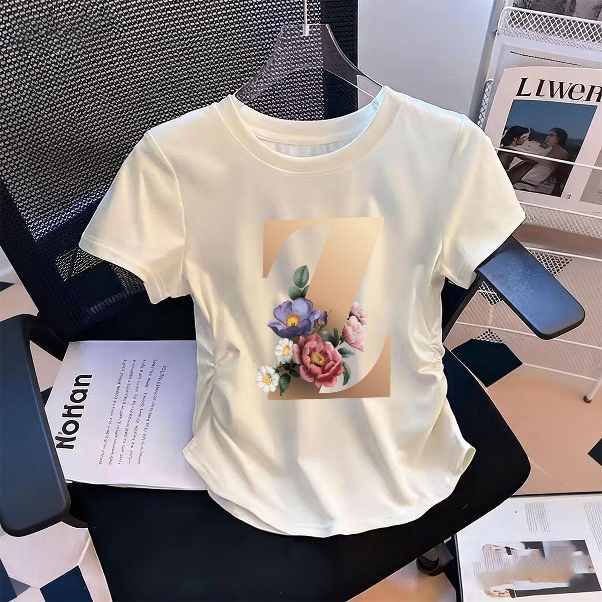 

Womens WaistDefining Elastic T Shirt Floral Letters Z printed Short Sleeve Round Neck top tee Casual Cute tshirts S