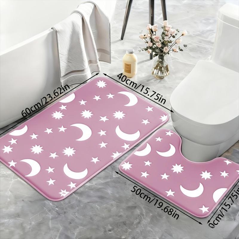 Parlayan Yıldız Ay Banyo Paspası Seti, Karanlıkta Parlayan Kaymaz Su Emici Banyo Halısı 2'li Paket, Ev Dekorasyonu İçin Yumuşak Tuvalet Zemini Paspasları