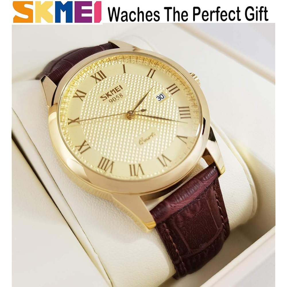 Men's Classic Analog Quartz Watch Gold Brown Leather Band Waterproof Casual Date Display