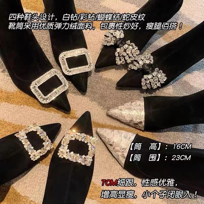 Pointed Thin High-heeled Small Short Boots for Women's Spring and Autumn New Rhinestone Square Buckle Elastic Fashion Thin Socks Boots
