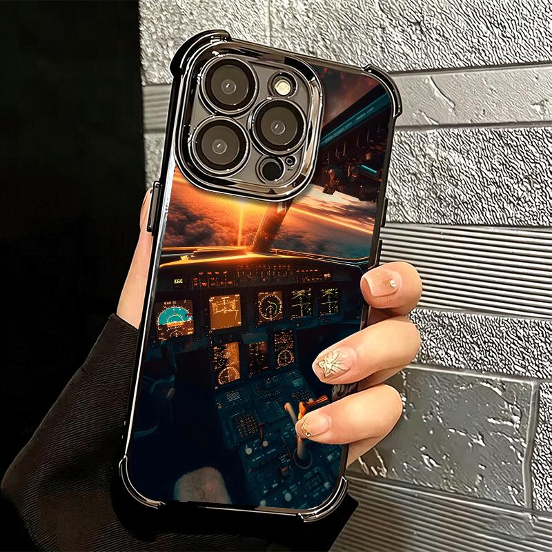 Aviation Aeroplane Pilot Cockpit Plating Phone Case For Iphone 16 17 Pro Max Air 16E 14 15 Plus 12 13 Mini Anti-Fall Airabag Cov