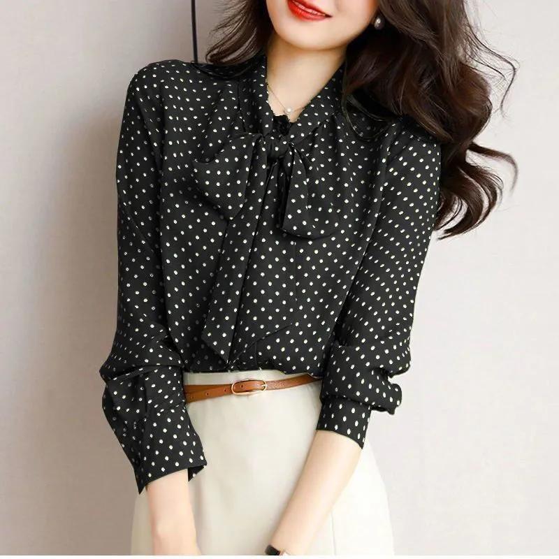 Damen Polka Dot Hemd mit Bindeknoten vorne Kragen Einreihig Elegant Top