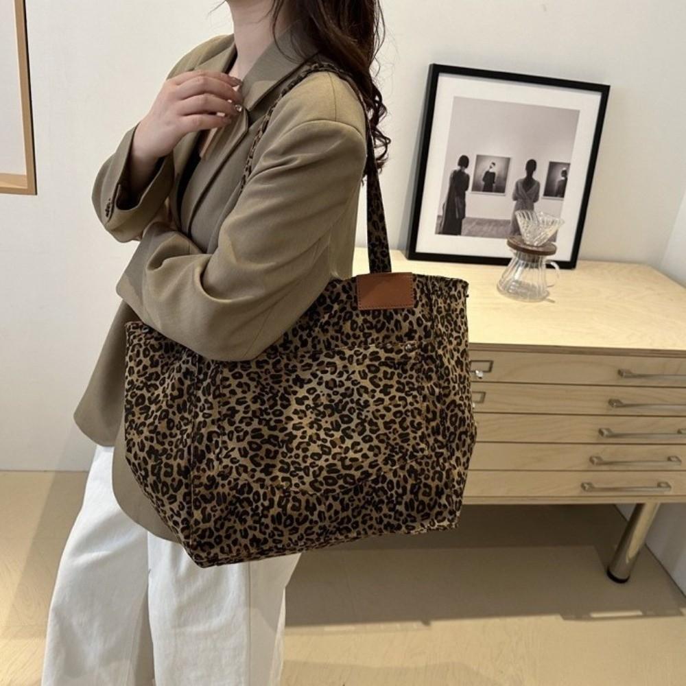 Large Capacity Leopard Print Shoulder Bag Square Women Handbag Simple Canvas Tote Bag  Shopping