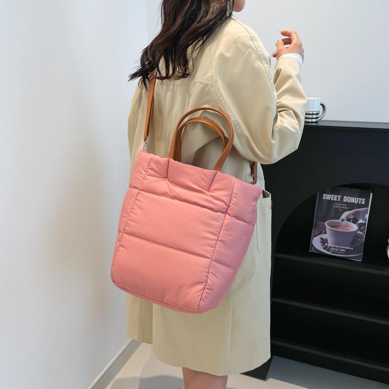 Geantă de mână cu puf moale de toamnă și iarnă, geantă tote din bumbac umplută cu nailon, linie simplă de cusut, geantă de umăr