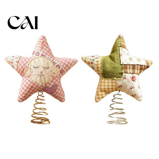 Christmas Tree Topper Star Topper, Patchwork Plush Stuffed Xmas Decor Ornament for Winter Holiday Party Home Pink Green