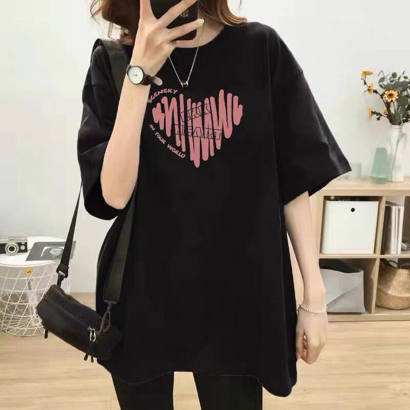 Women Plus Size Cotton T-Shirt Summer Short Sleeve Heart Print Mid-Long Loose Casual Pullover Top For 200lbs