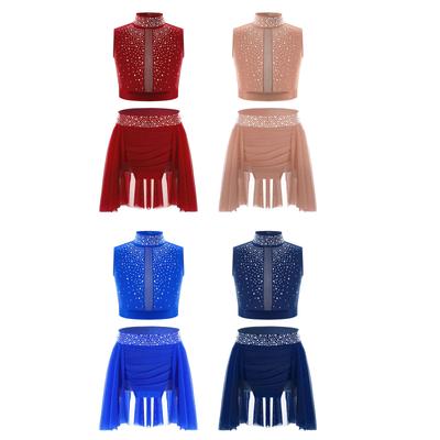 Girls Dance Performance Outfit Mock Neck Sleeveless Keyhole Back Shiny Rhinestones Crop Top Skirt