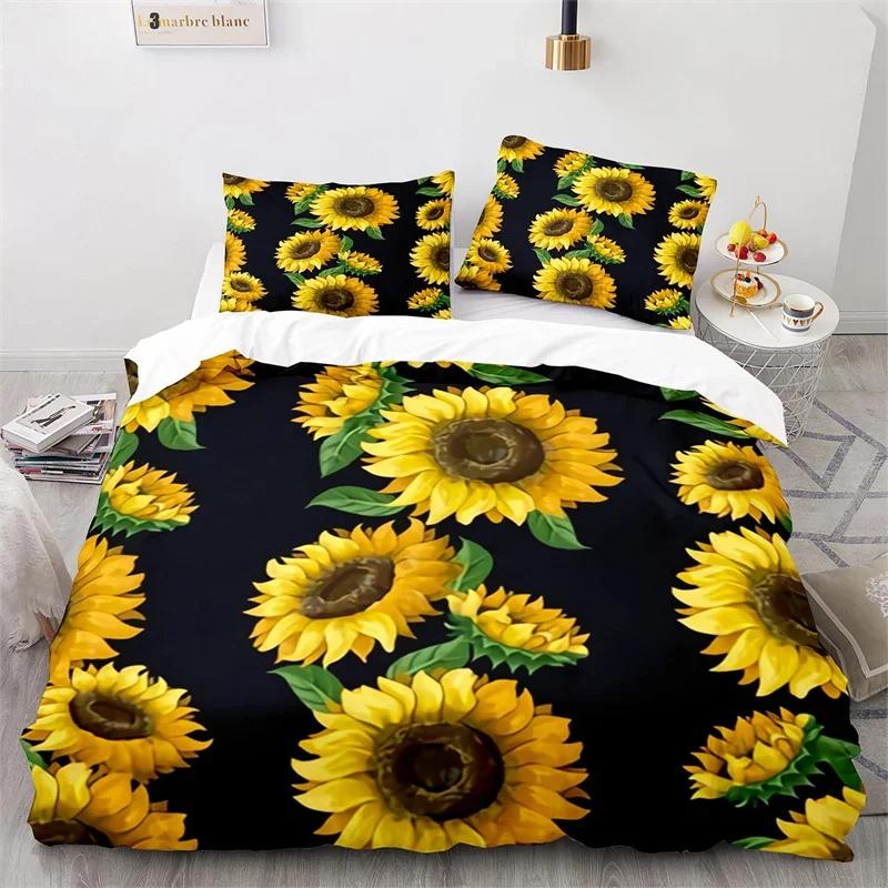 Sunflower Duvet Cover Botanical Floral Comforter Cover King Queen Twin for Kids Girls Room Microfiber Yellow Flowers Bedding Set