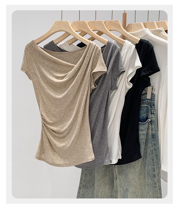 Exquisite Off-Shoulder French Drape Tee: 2025 Summer White Cinched Waist, Short-Sleeve Crop Top.