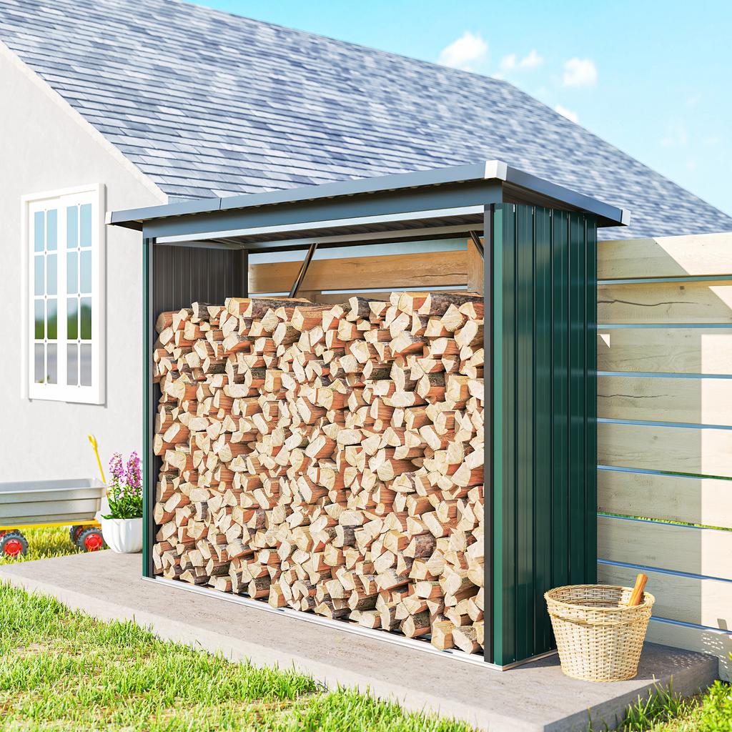 Firewood Shed, Firewood Shelter, Steel, Raised Floor, Sloped Roof, 213 X 66.5 X 150 Cm, Green