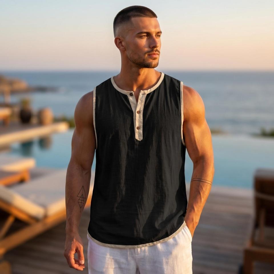 Vintage Men's Linen Tank Top Summer Beach Sleeveless Henley Shirts Hippie Boho Solid Vest Casual Loose Breathable Tops Male Clothes 2026