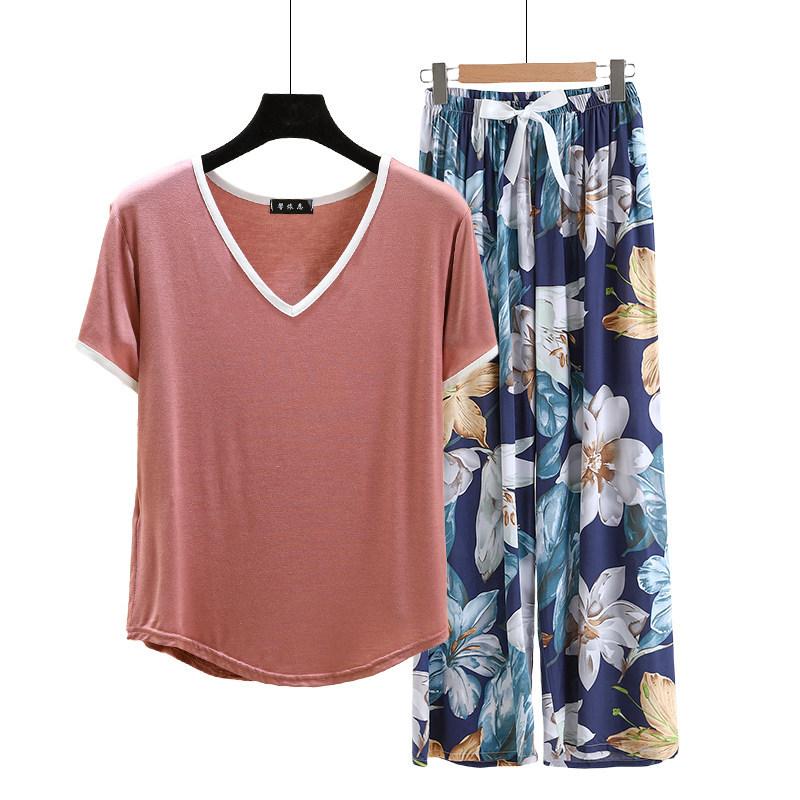 Modal Loungewear V-Neck color-block Tshirt and Floral Wide leg pants Summer Thin Pajamas sets Casual Plus size Homewear 2pcs suit Comfort clothing