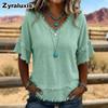 Summer New Style Loose V-Neck Ruffled Short Sleeve T-Shirt for Women Solid Color Casual Top