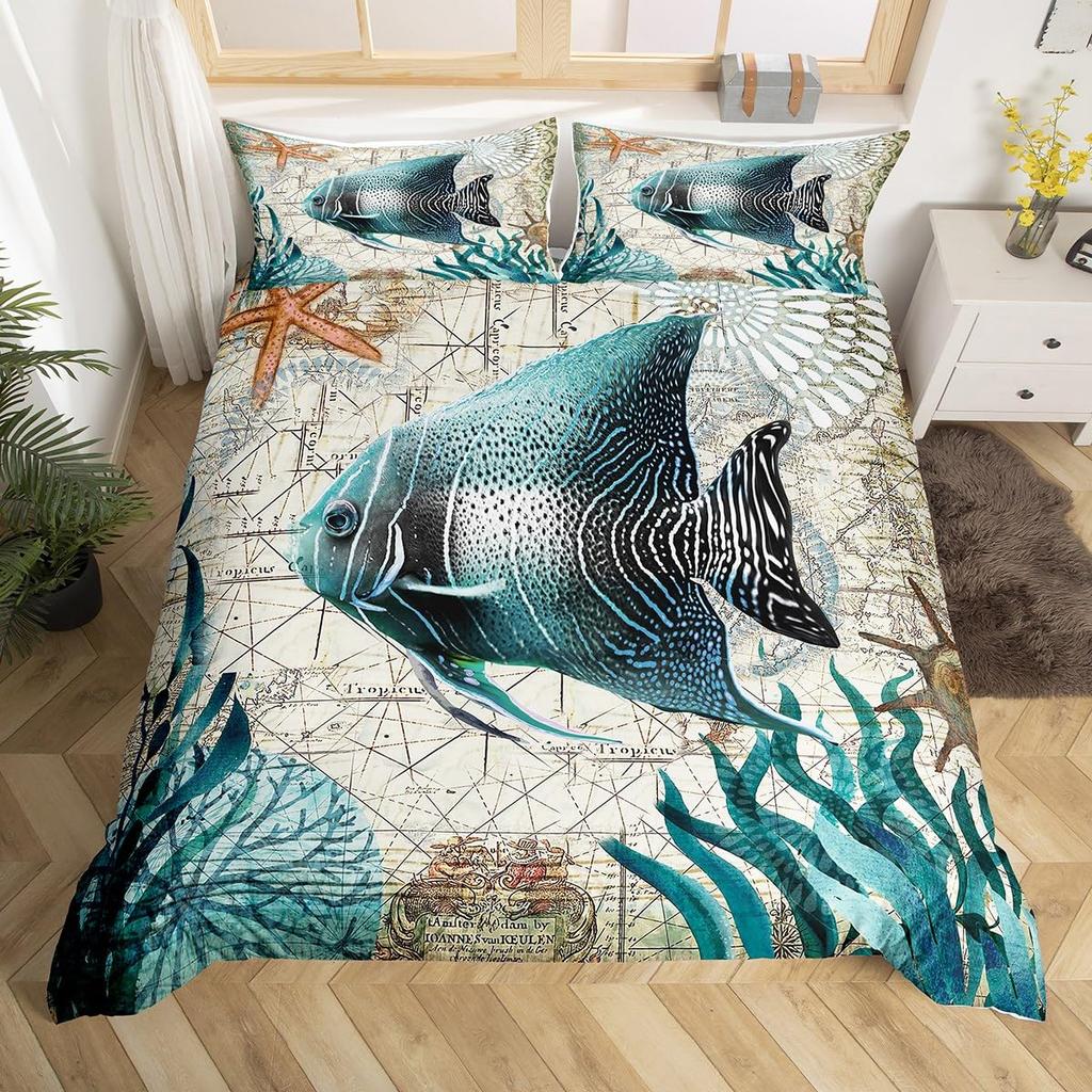 Erosebridal Mermaid Tail Comforter Cover,Kids Fish Scales Duvet Cover Twin,Girly Shell Starfish Bedding Set Ocean Life Sea Animal Bed Sets P