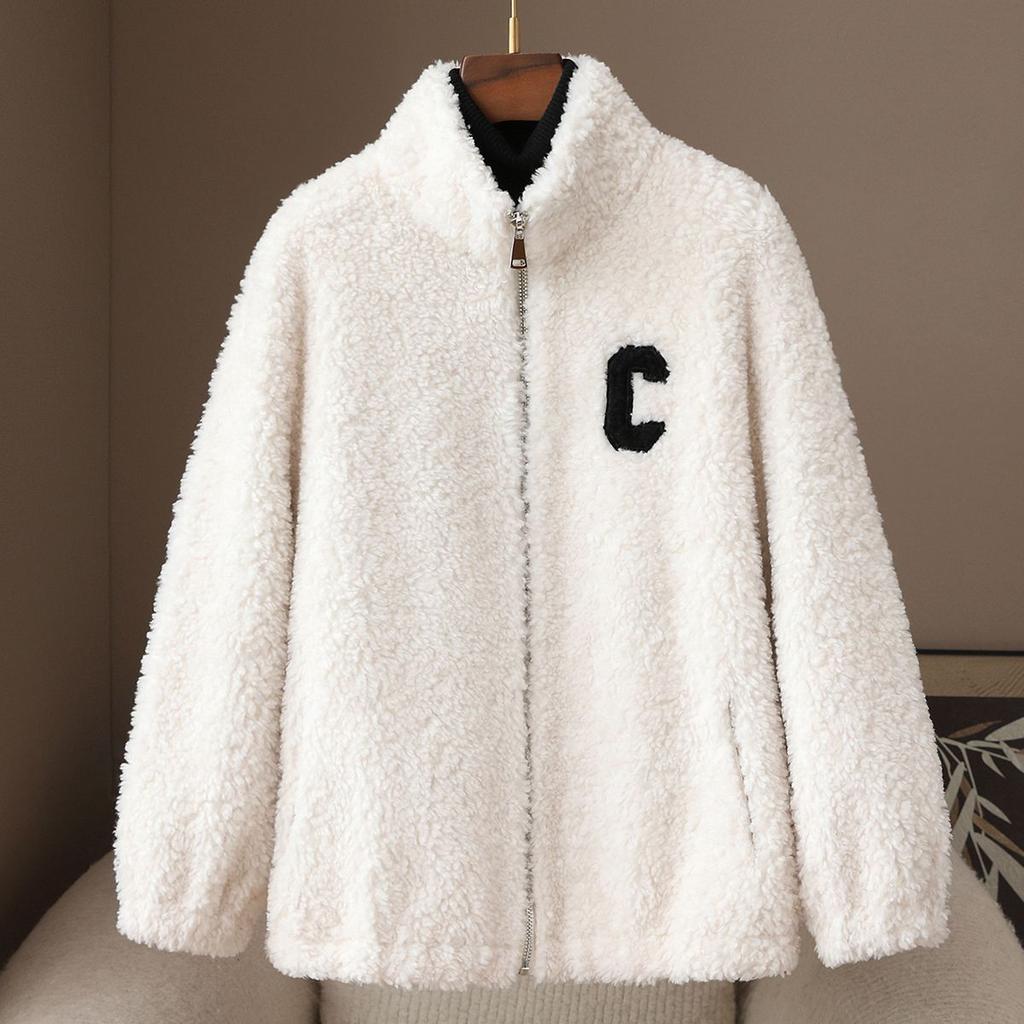 Autumn and winter new thickened imitation lamb wool black sweater women's zipper casual baseball jacket women's fleece