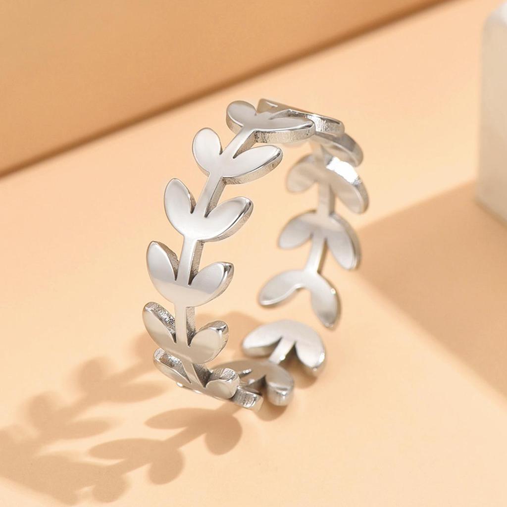 Elegant Adjustable Stainless Steel Leaf Ring for Women - Colorfast Jewelry