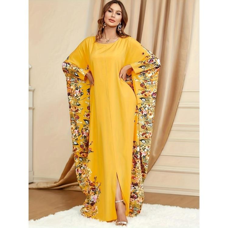Ramadan Elegant Floral Print Maxi Dress Batwing Sleeve Split Women Kaftan Clothing