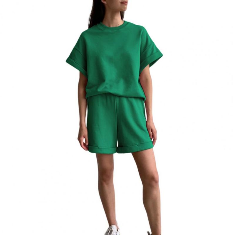 

Однотонный комплект спортивной повседневной одежды с круглым вырезом для женщин Green M(M)