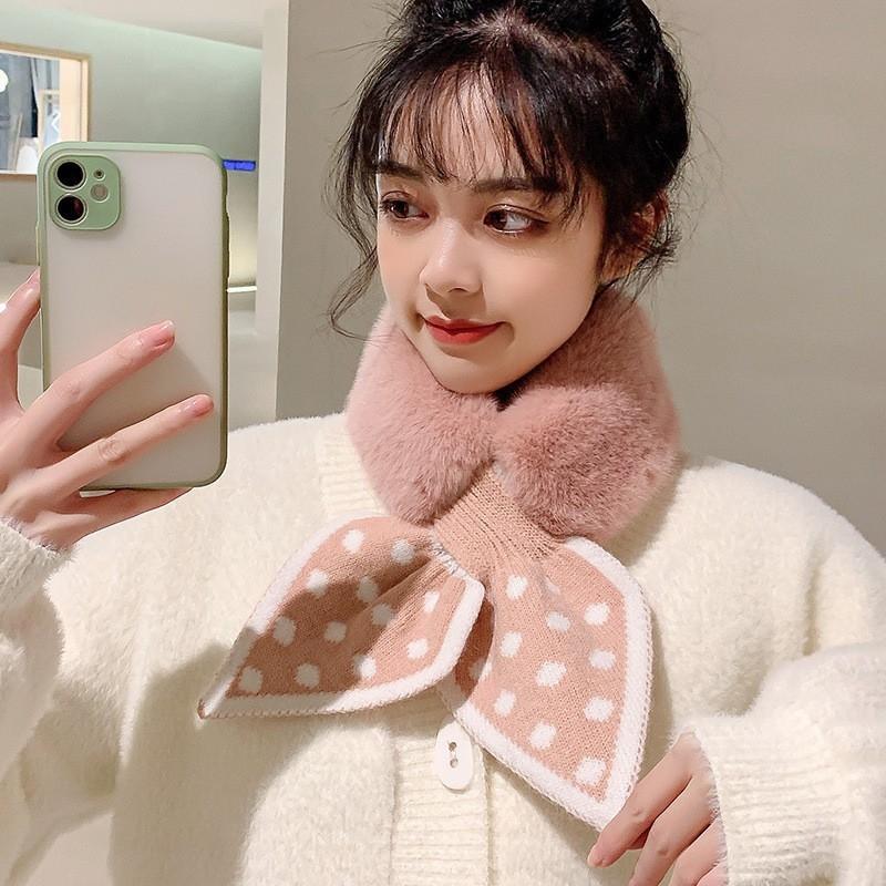 Women Winter Warm Thicken Cross Collar Neck Warmer Solid Color Faux Rabbit Fur Plush Elegant Knitted Shawl Scarfs