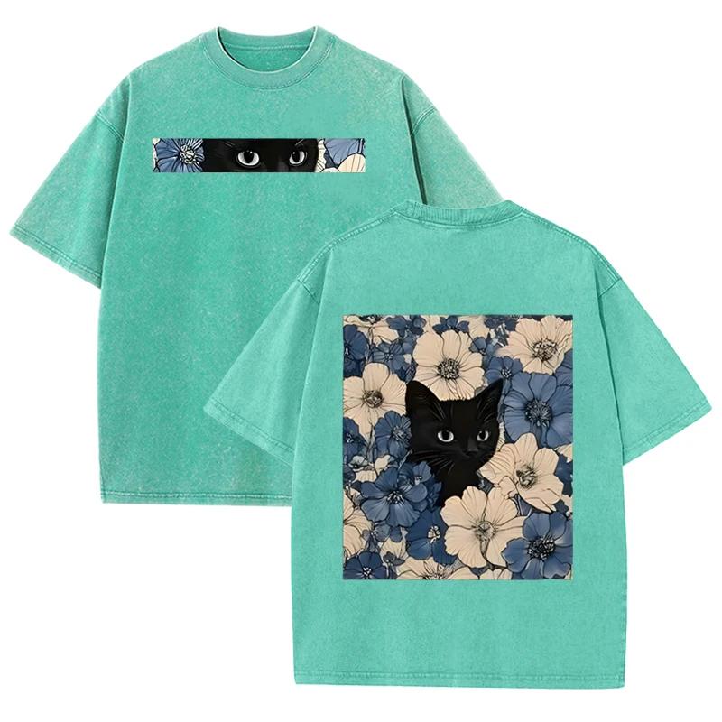 T-shirt Vintage Nera Lavata Gatto Floreale Stampa Double Face Streetwear Casual