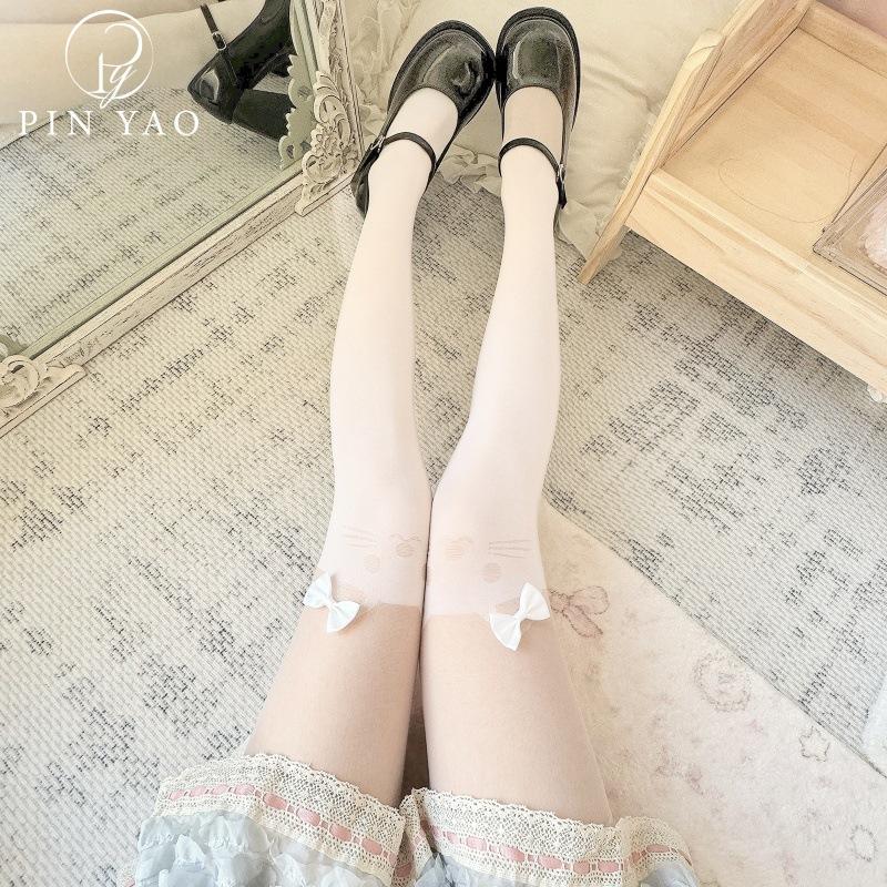 Black Bow Pussy Tail Knee Socks Sweet Jk Girlie Cute Thigh Socks Lolita Velvet Fake High