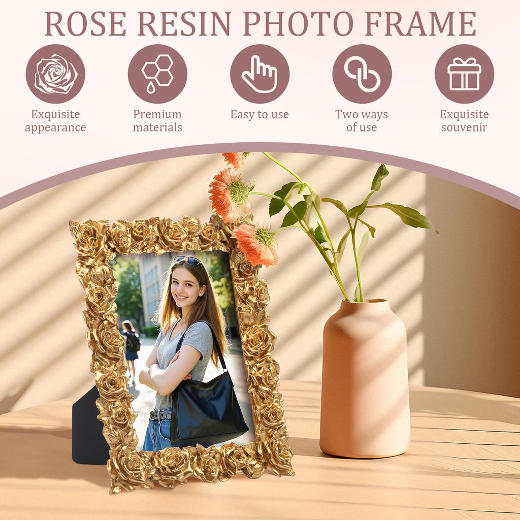 2Pcs Antique Picture Frame 5"x7" Resin Flower Photo Frame Vintage Photo Frames with Glass Front Tabletop Ornament for Home Decor