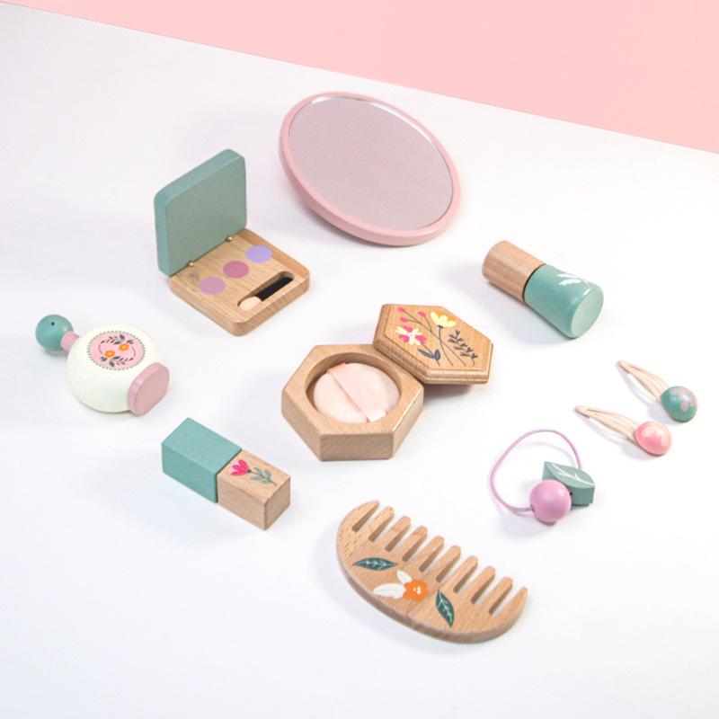 Korean-Style Wooden Makeup Toy Set for Girls: Colorful Eyeshadow, Powder, Lipstick & Perfume