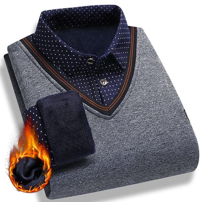 L-4XL Autumn and Winter New Fake Two Piece Sweater Men's Plush Knitted Warm Inner Wear Casual Versatile Pullover Top