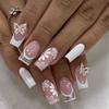 24pcs Simple Yet Stylish Press On Nail French 3D Rhinestones Butterfly and Floral Design Stick On Nail for Celebrations
