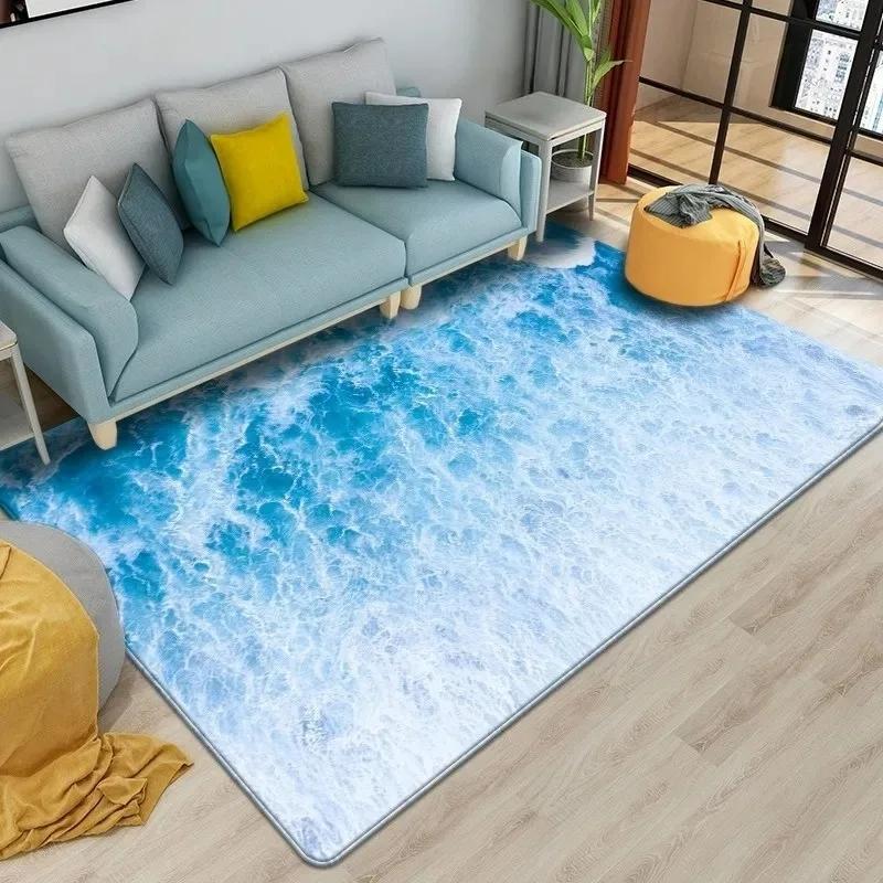 3D Meer Strand Teppich für Schlafzimmer Lounge Dekoration Wellen Rutschfeste Teppiche Wohnzimmer Couchtische Bodenmatten Wohnaccessoires