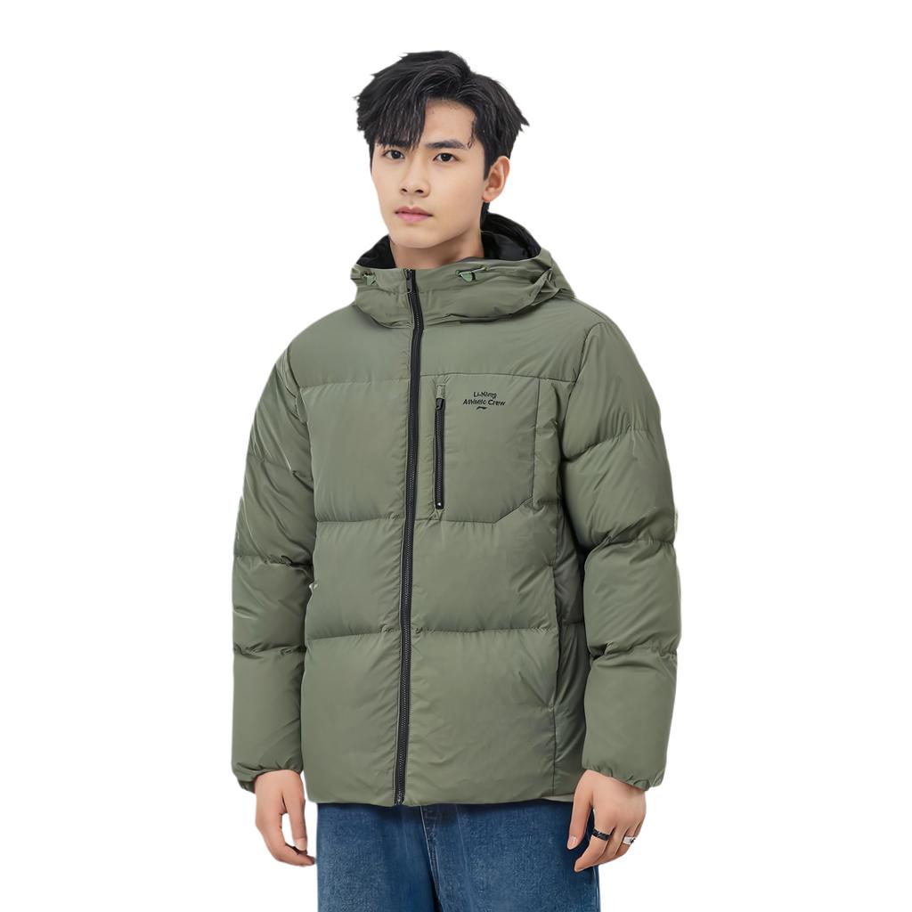 Li-Ning Hot Pot Down Jacket Series Water-Resistant Solid Color Hooded Zipper Breathable Comfortable Short Winter Down Jacket Men Jackets AYMU259-1